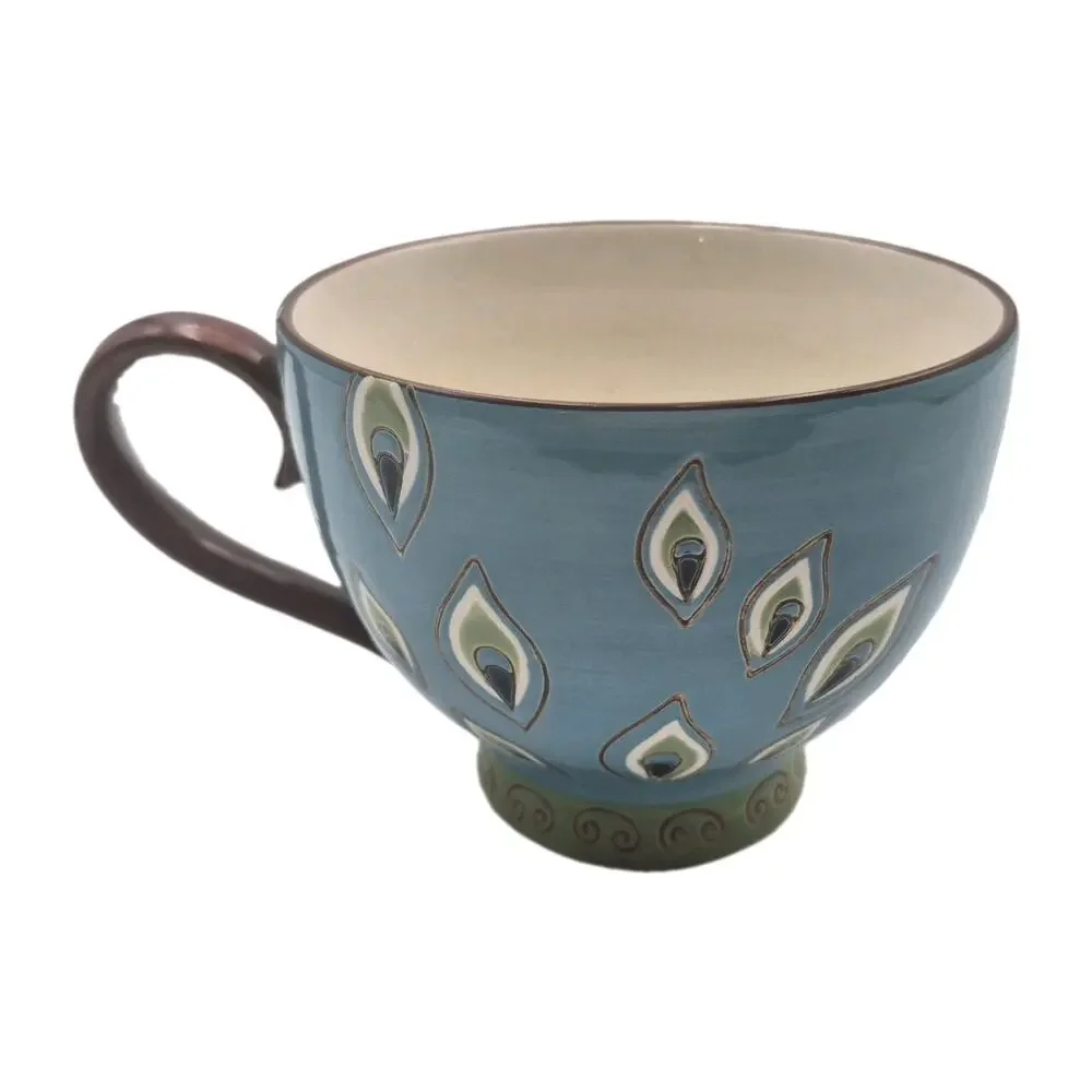 Pier 1 Handpainted Peacock Feathers Footed Mug 16oz Dolomite GORGEOUS